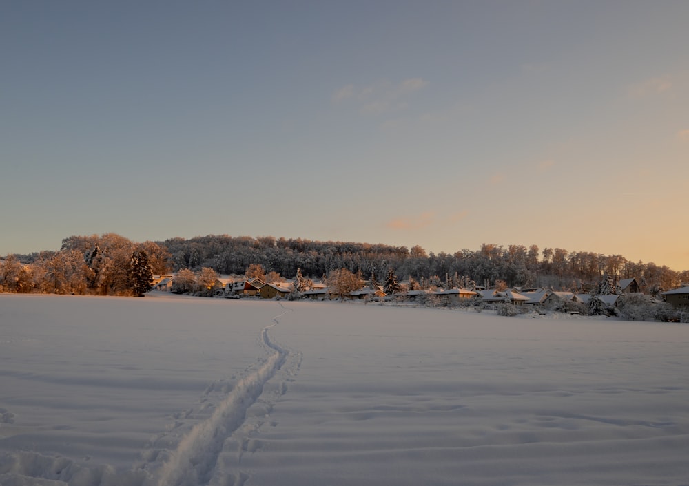 a snow covered field with a house in the distance