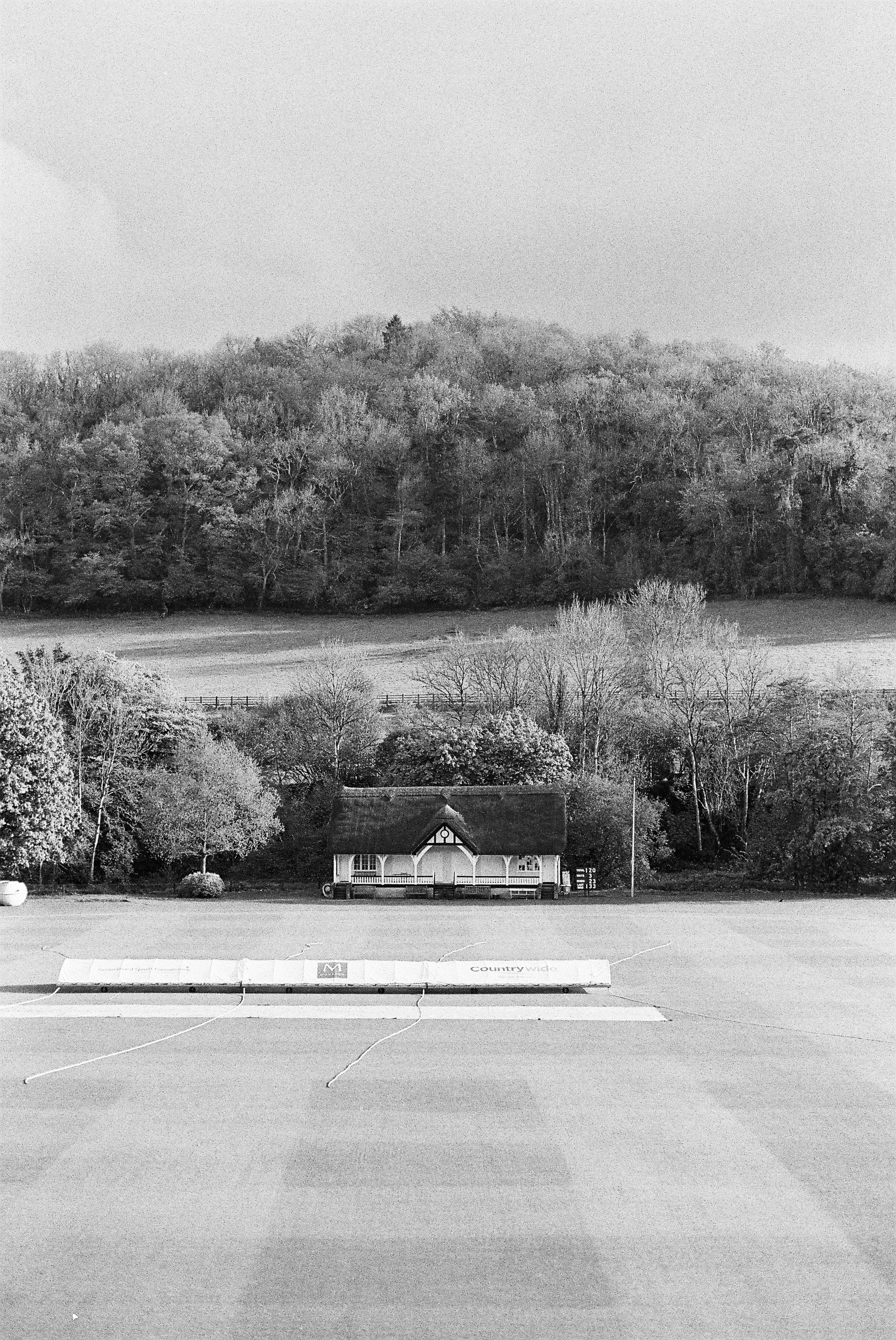 grayscale photo of house surrounded by trees