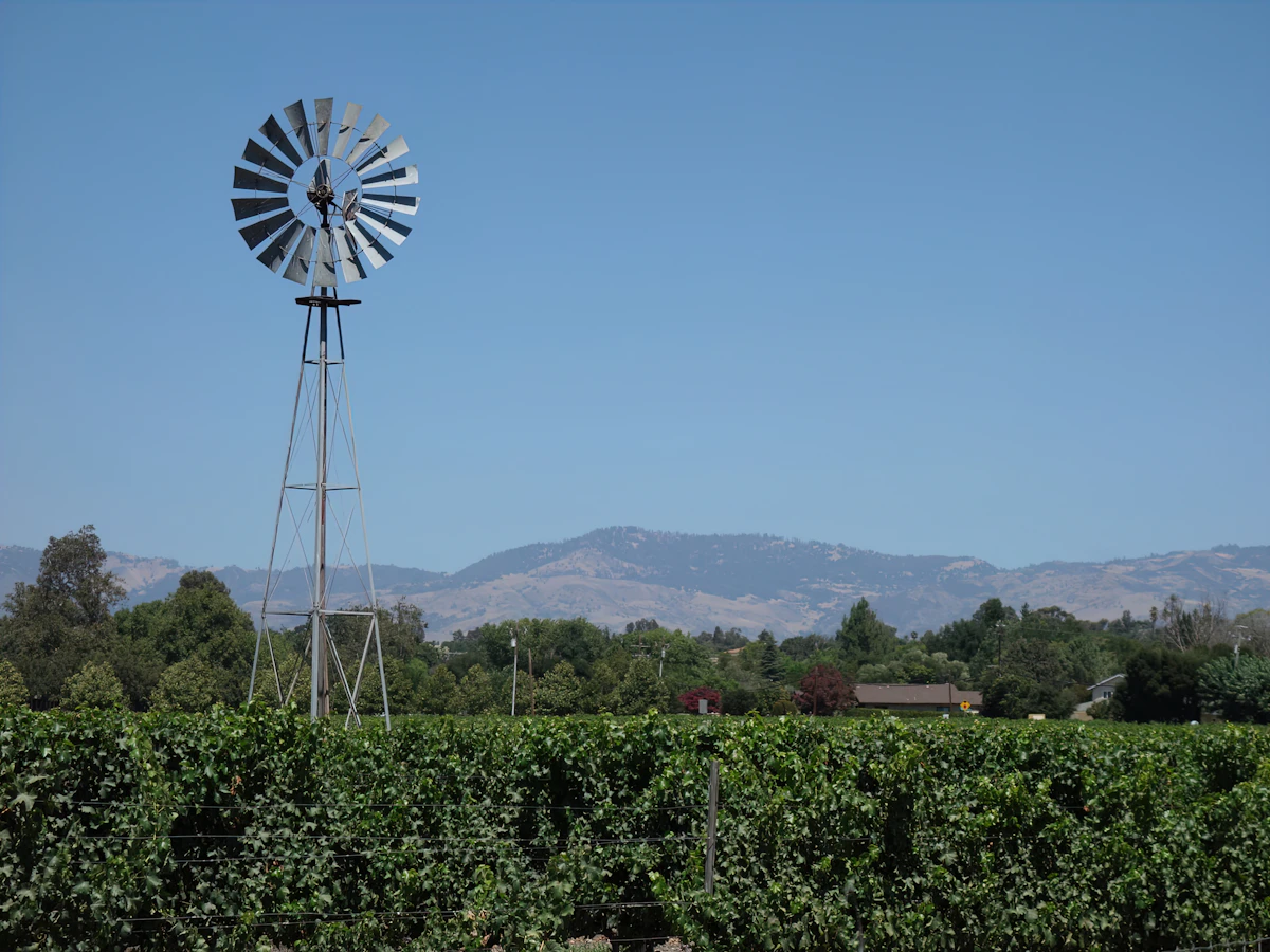 Windmill in a field with mountains behind