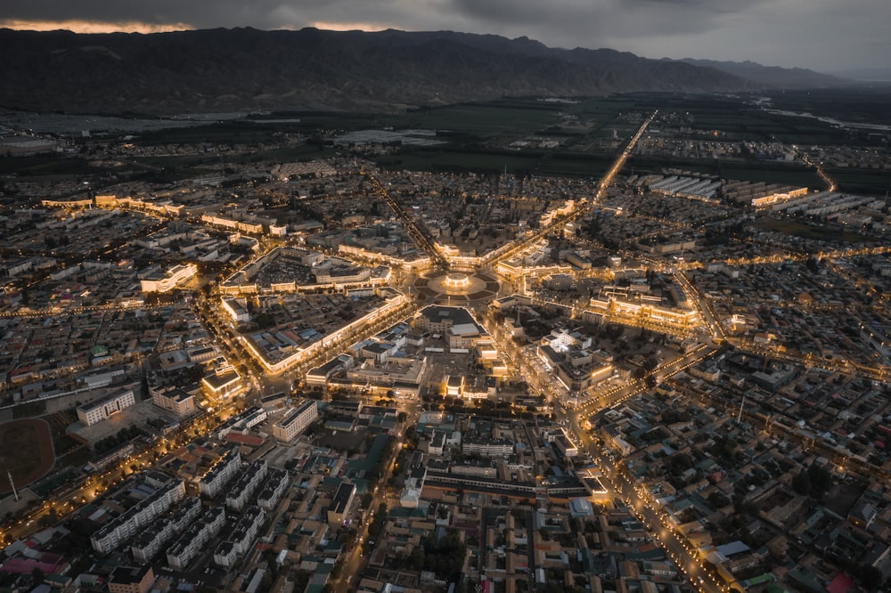 aerial view of city buildings during night time