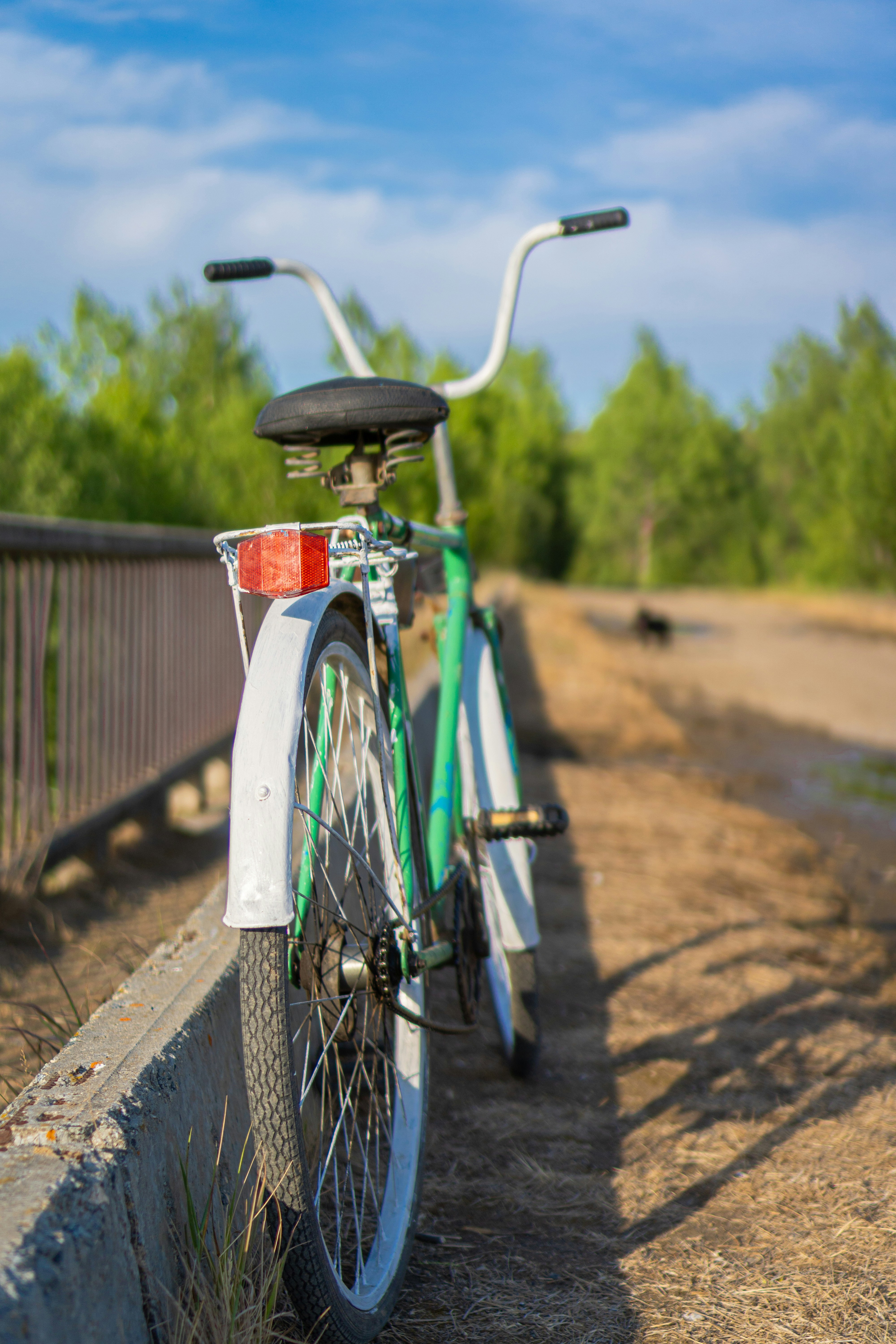 blue and black city bike parked on gray concrete bridge during daytime
