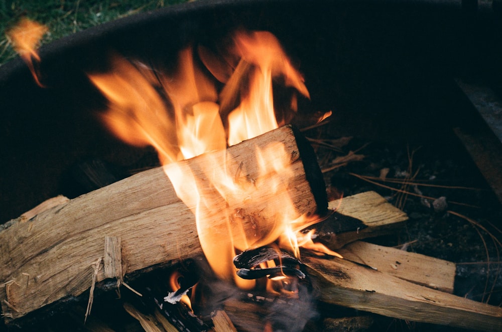 Quemar leña en un pozo de fuego
