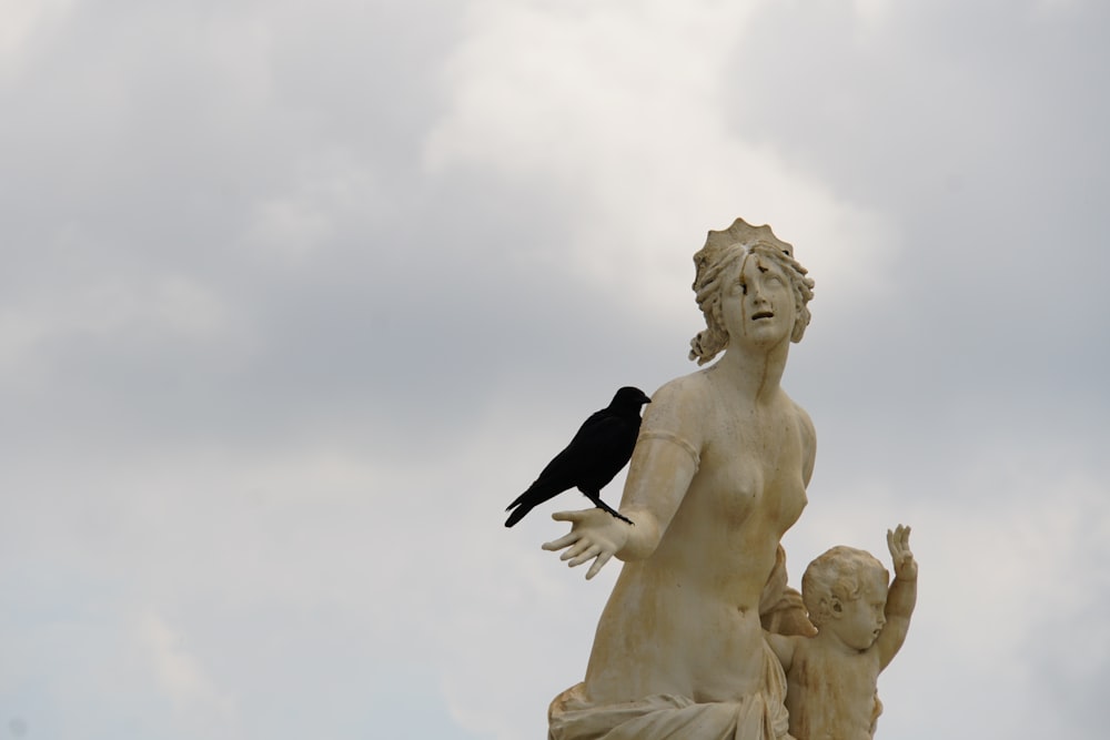 Schwarzer Vogel auf weißer Engel Statue