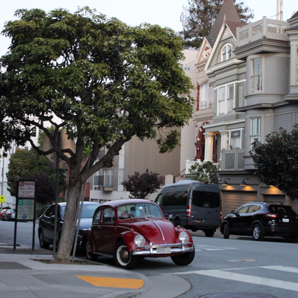 red sedan parked beside green tree during daytime