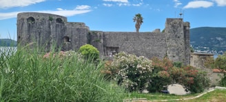 Ancient Spanish fortress ruins surrounded by lush greenery and clear blue skies
