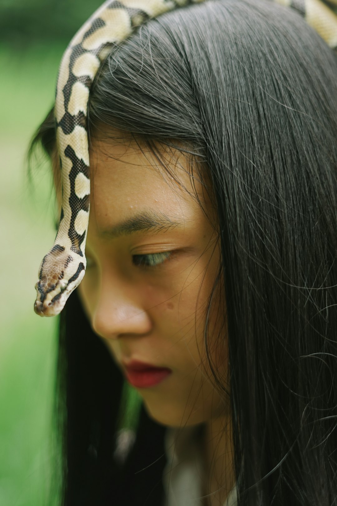 woman with black hair with brown and black snake on her head