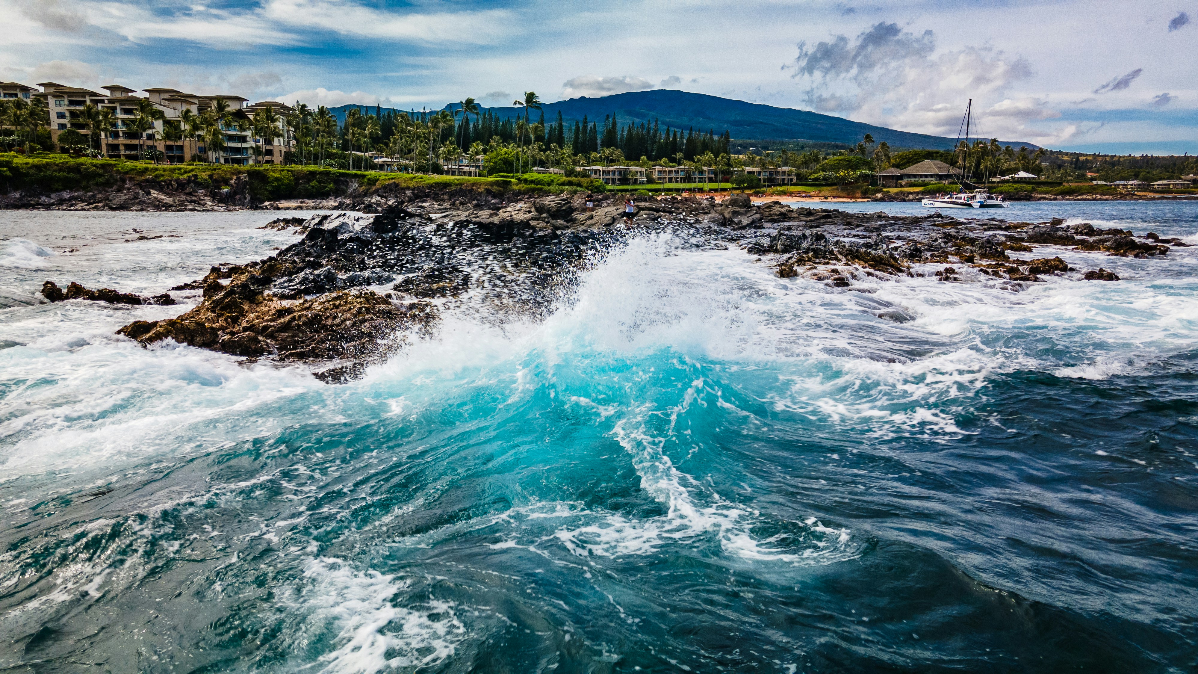 ocean waves crashing on shore during daytime, Waves crashing on rocks in Hawaii. 