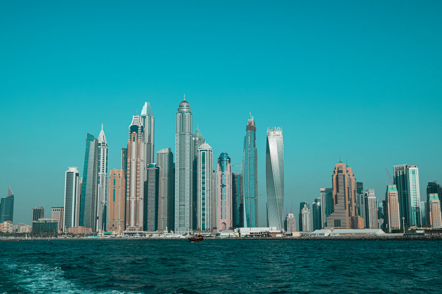Dubai Marina skyline reflected in the water