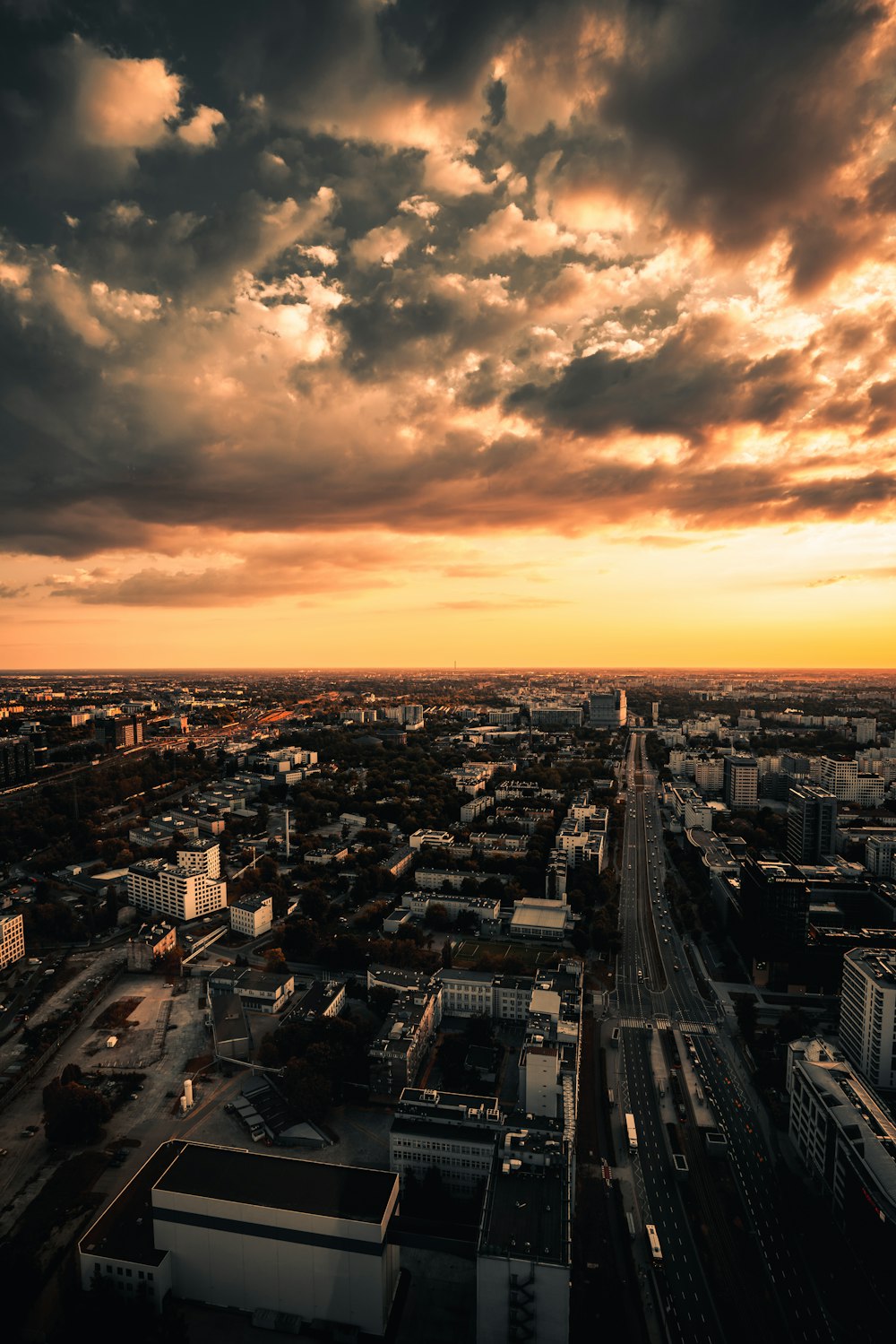 aerial view of city buildings during sunset