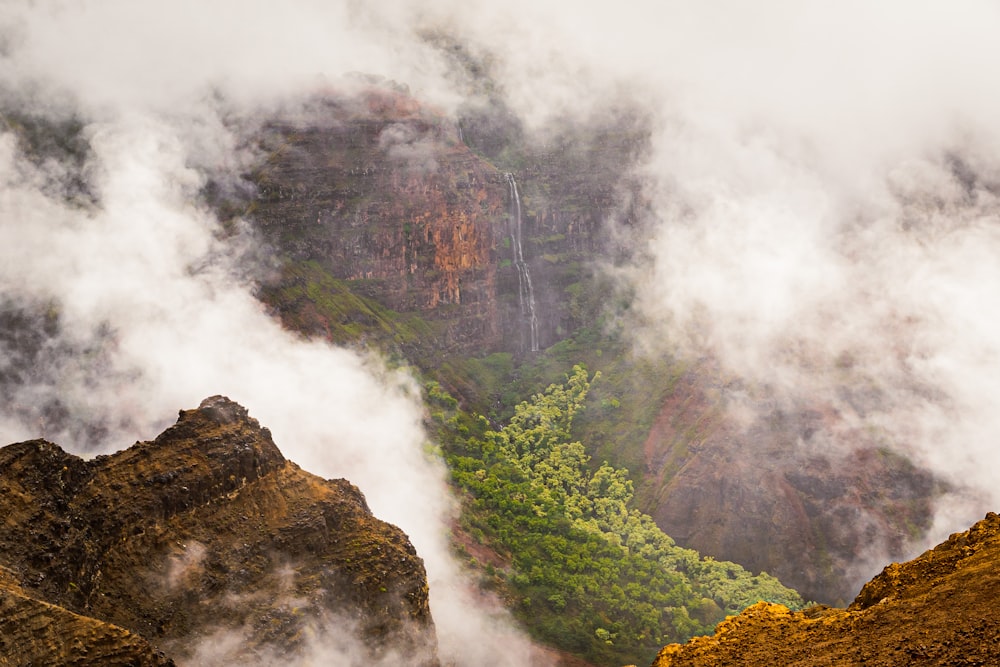 green and brown mountain covered with fog