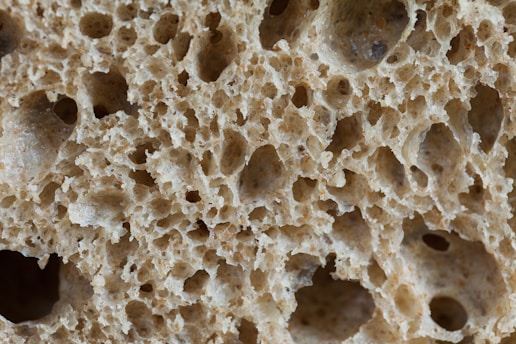 A close-up view of a porous surface with irregular holes and textures, resembling a sponge or pumice stone. The material appears to be fibrous and grainy, with various sized cavities throughout.