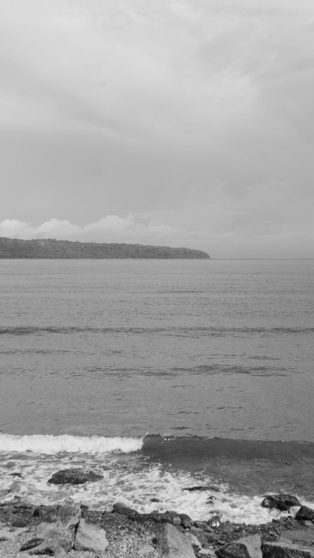 Foto en escala de grises de un cuerpo de agua cerca de la montaña