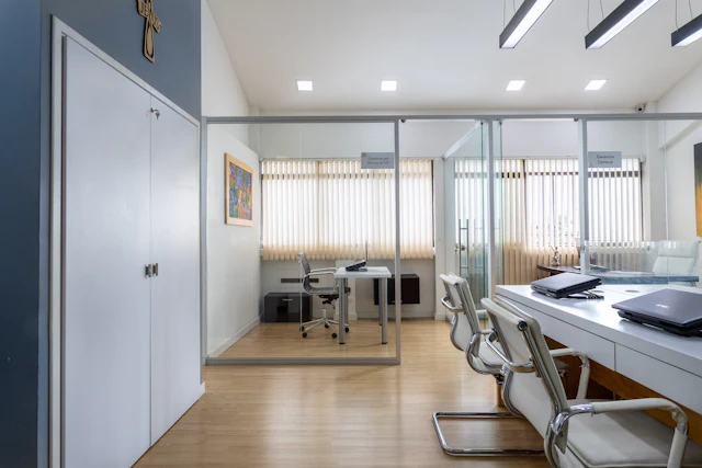 Glazed Partition with Blinds — commercial glass partition interior design