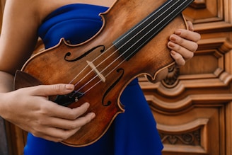A person wearing a blue garment holds a brown wooden violin, with intricate woodwork in the background. The hands are positioned to hold and play the instrument, showcasing both the body and strings of the violin.