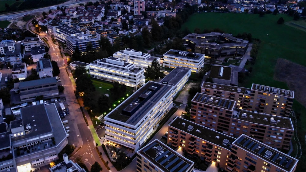 aerial view of city buildings during night time