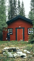 man in black jacket standing beside brown wooden house during daytime