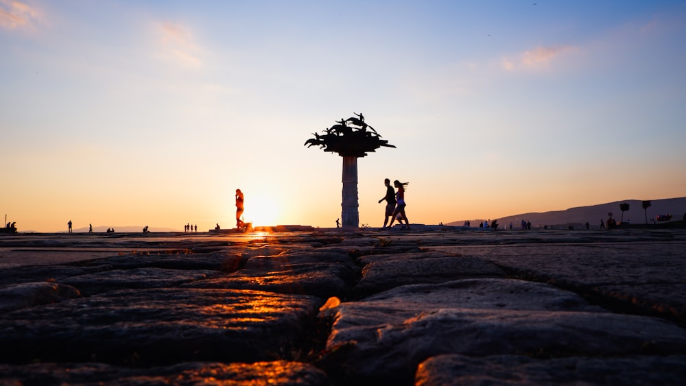 silhouette of people standing on beach during sunset