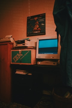 silver crt computer monitor on brown wooden desk