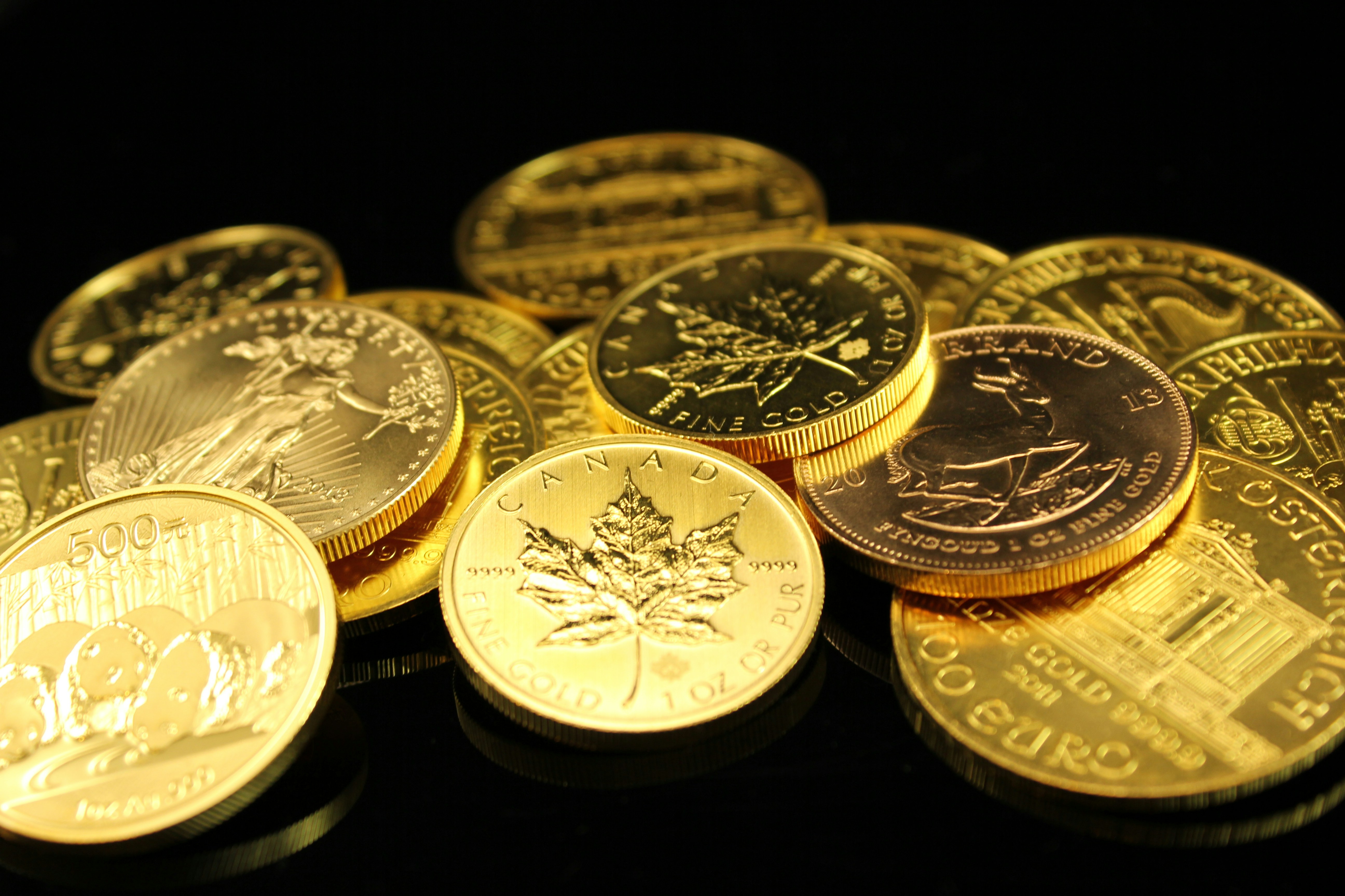 Pile of gold bullion coins. Münze Österreich, Royal Canadian Mint, U.S. Mint, Australian Mint of Perth, panda and Krugerrand. If you use our photos, please add credit to https://zlataky.cz, when possible