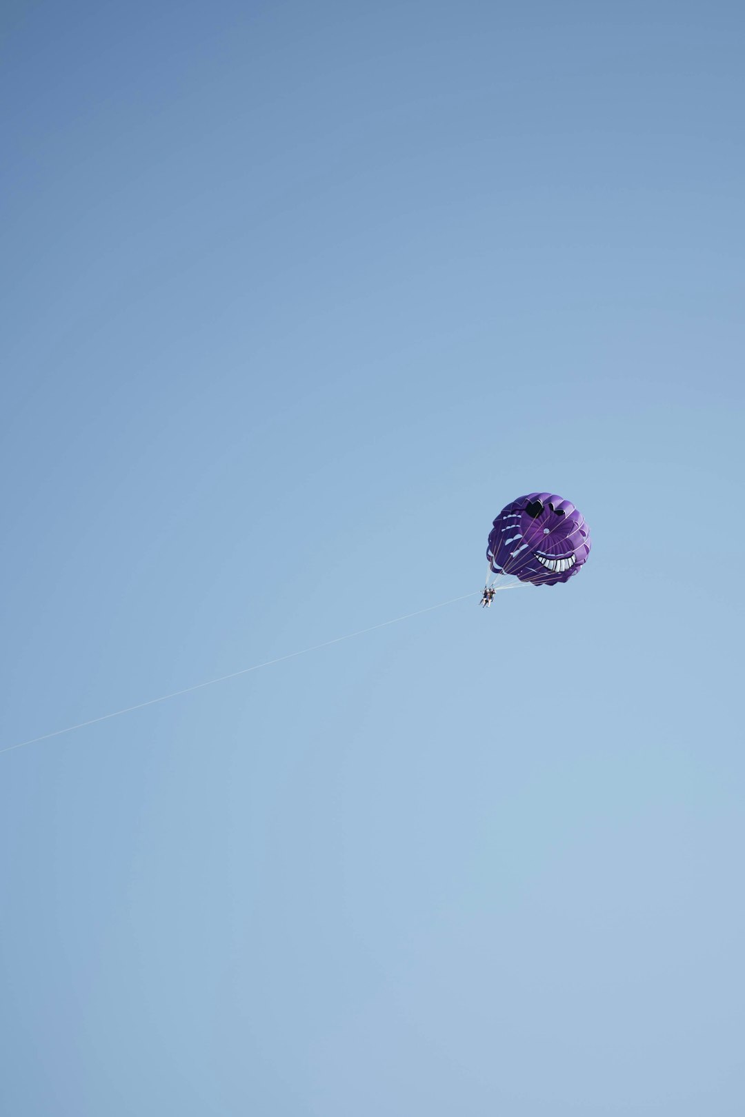 purple and white balloon floating on blue sky