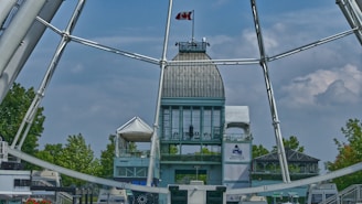 A tall building with a metal dome, featuring a Canadian flag on top, surrounded by trees and a large Ferris wheel structure.