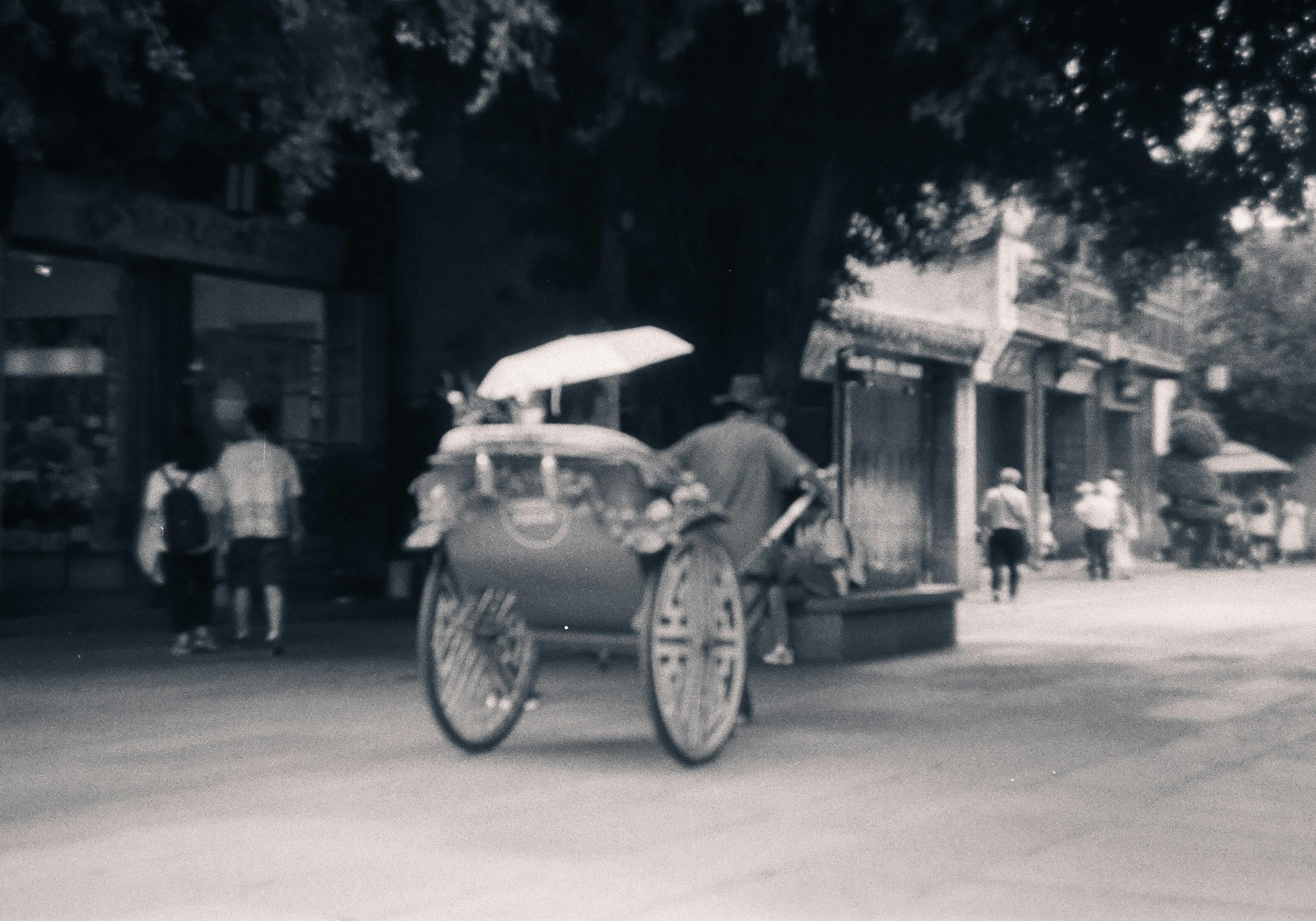 grayscale photo of man and woman riding on carriage