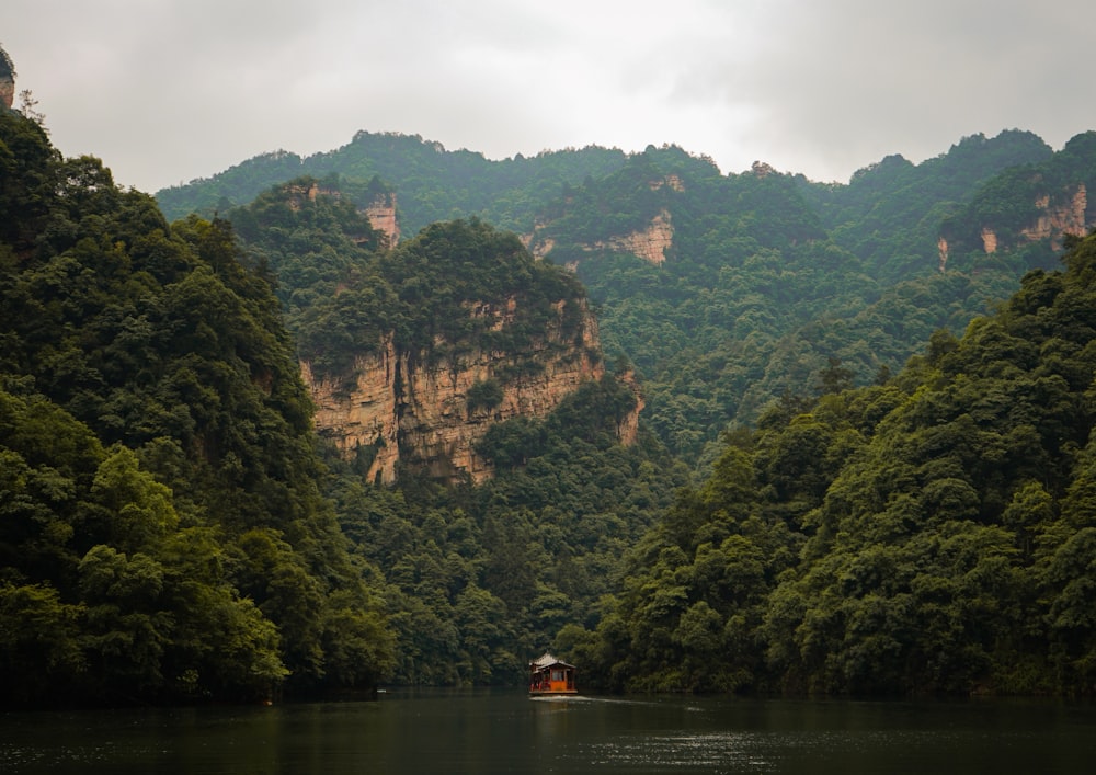 people riding boat on river near green trees during daytime