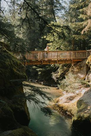 A hiker crossing a wooden bridge over a crystal-clear stream surrounded by lush green forest.