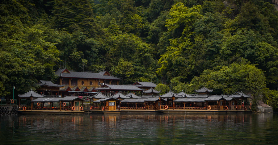 Traditional multi-story wooden stilted architecture with upturned eaves