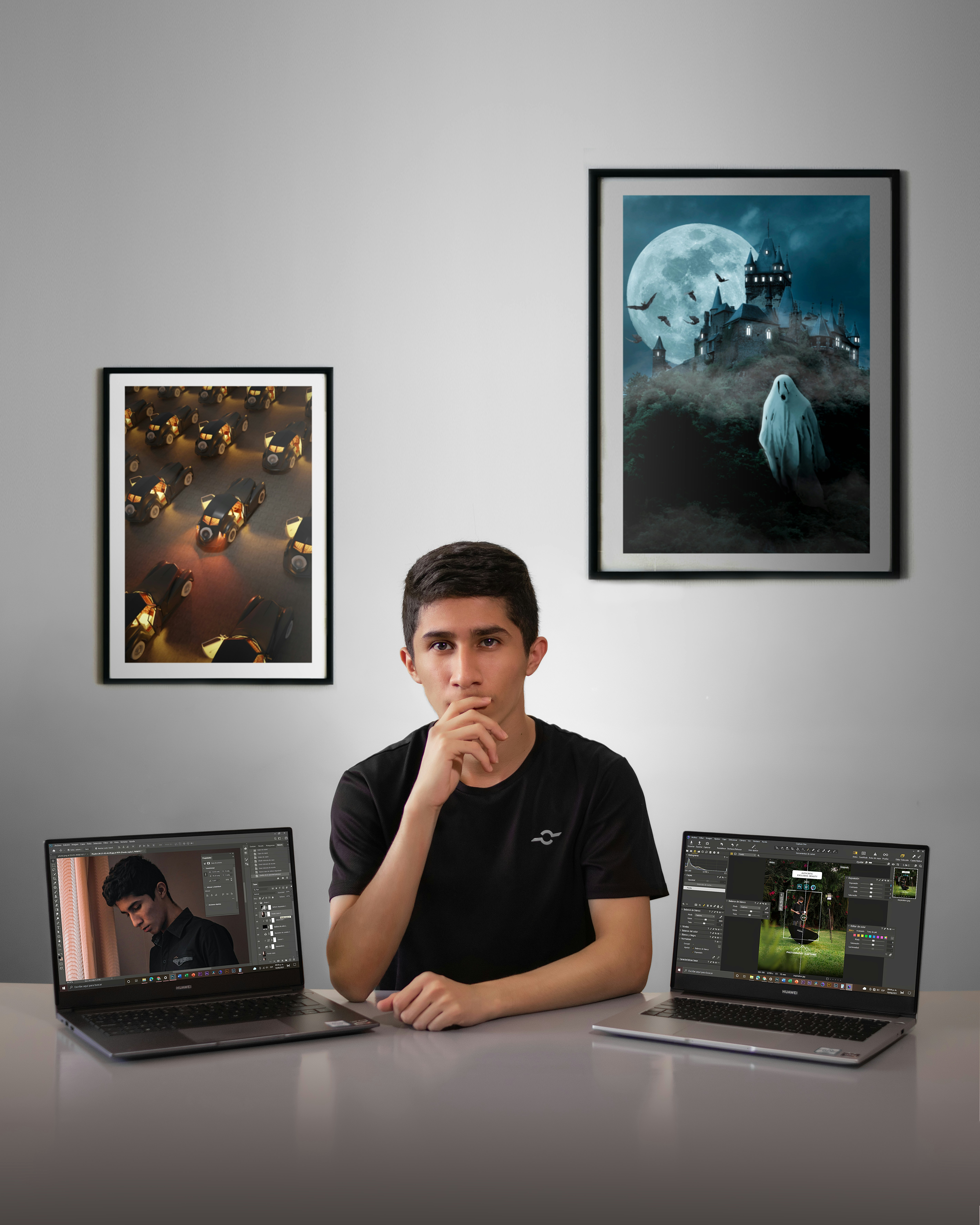 man in black crew neck t-shirt using laptop computer