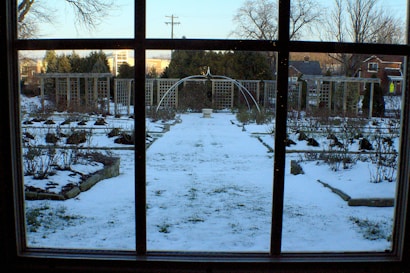 A garden is viewed through a window, with snow covering the ground. There are multiple rectangular garden beds outlined by stone borders, and a wooden trellis structure spans the width of the background. Leafless trees and shrubs line the perimeter of the garden, while several houses and utility poles are visible beyond a row of hedges in the distance.