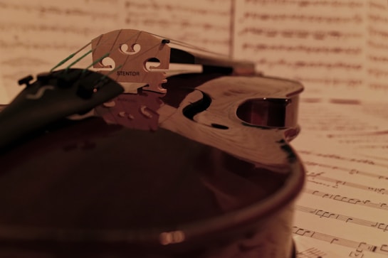 A close-up view of the bridge and body of a violin with a focus on the strings and the 'Stentor' brand name. The background comprises blurred music sheets with visible musical notes, creating an artistic and classical ambiance.