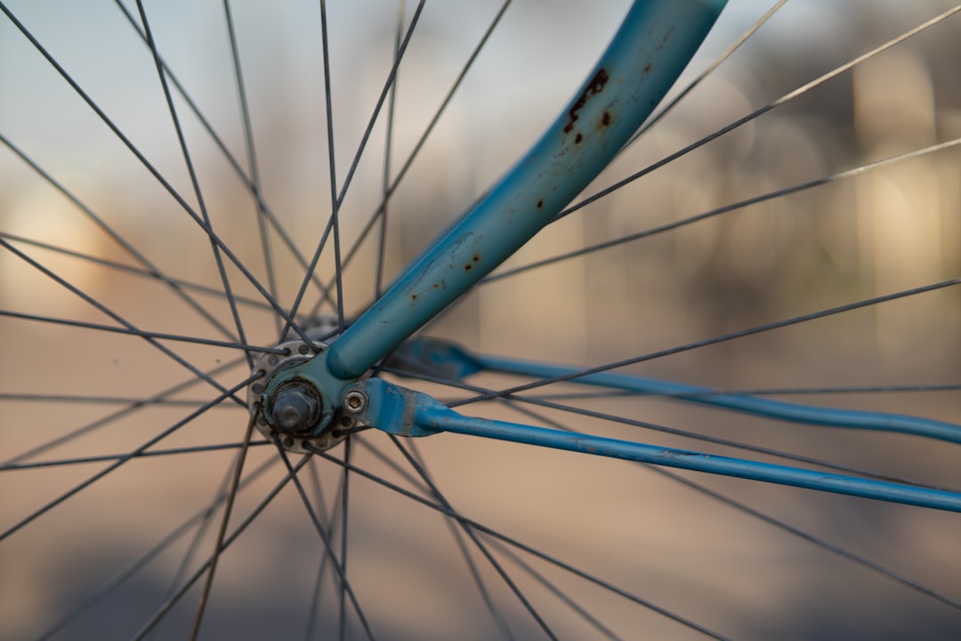 blue bicycle wheel in close up photography