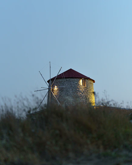 A warm, sunlit shot of a traditional stone mill used for pressing colza seeds on the family farm.