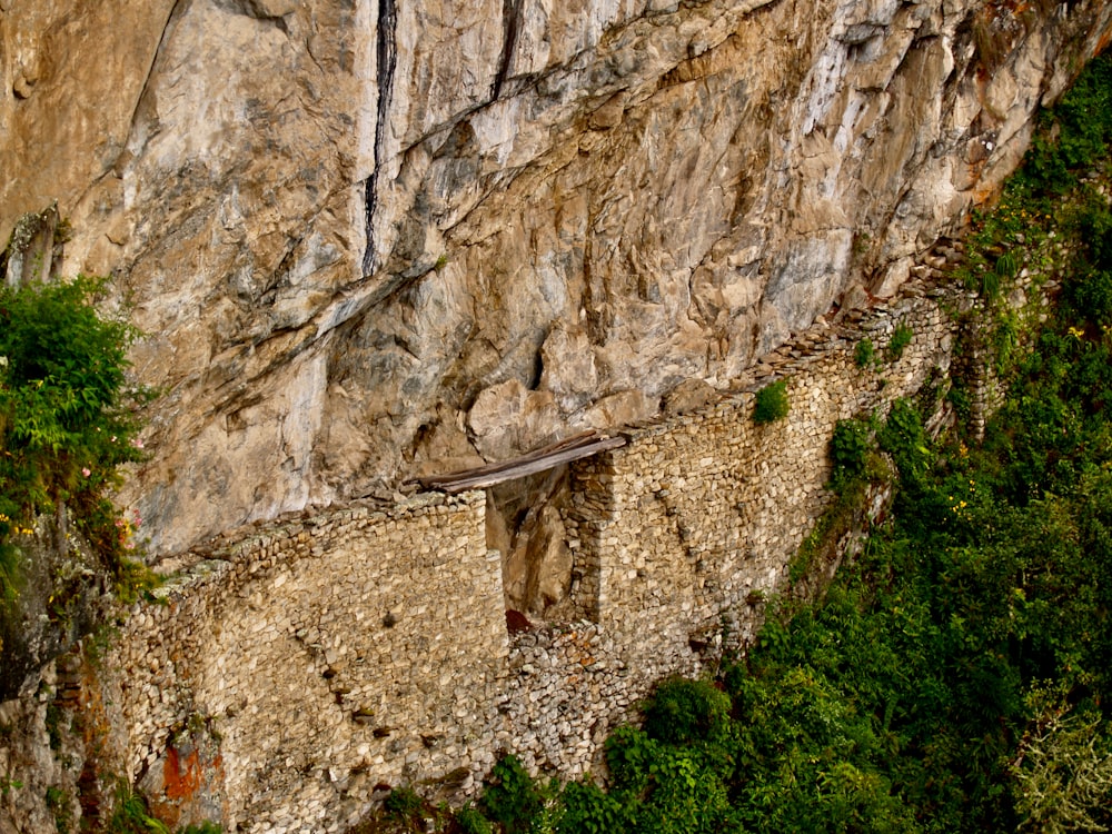 Montaña rocosa marrón con plantas verdes