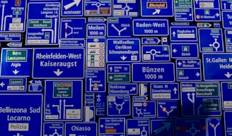 A collage of numerous European road signs displaying various destinations, directions, distances, and traffic symbols. The signs are primarily blue with white text and symbols, intermixed with some green signs. They feature names of cities, highways, and exits.