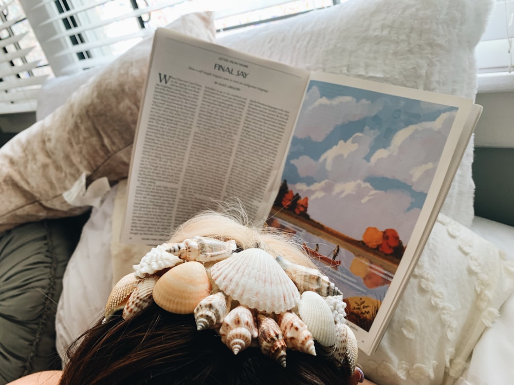 white and brown seashell on white book page