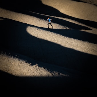 A person wearing a blue shirt is running along an arid, undulating terrain with deep shadows creating a dramatic contrast across the scene.
