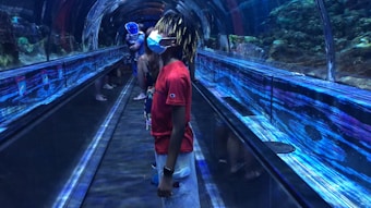 Inside an underwater tunnel at an aquarium, a young person wearing a mask stands on a moving walkway, surrounded by large tanks showcasing marine life. Reflections of blue lights and water patterns create an immersive experience as other visitors explore the tunnel.