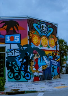A vibrant street mural featuring a variety of colorful elements, including a person with sunglasses and a red dress lounging, a silhouette of a person on a bicycle, fruit patterns, palm trees, and architectural elements. The mural is located on the corner of a building and includes text reading 'Wynwood Walls 305'.