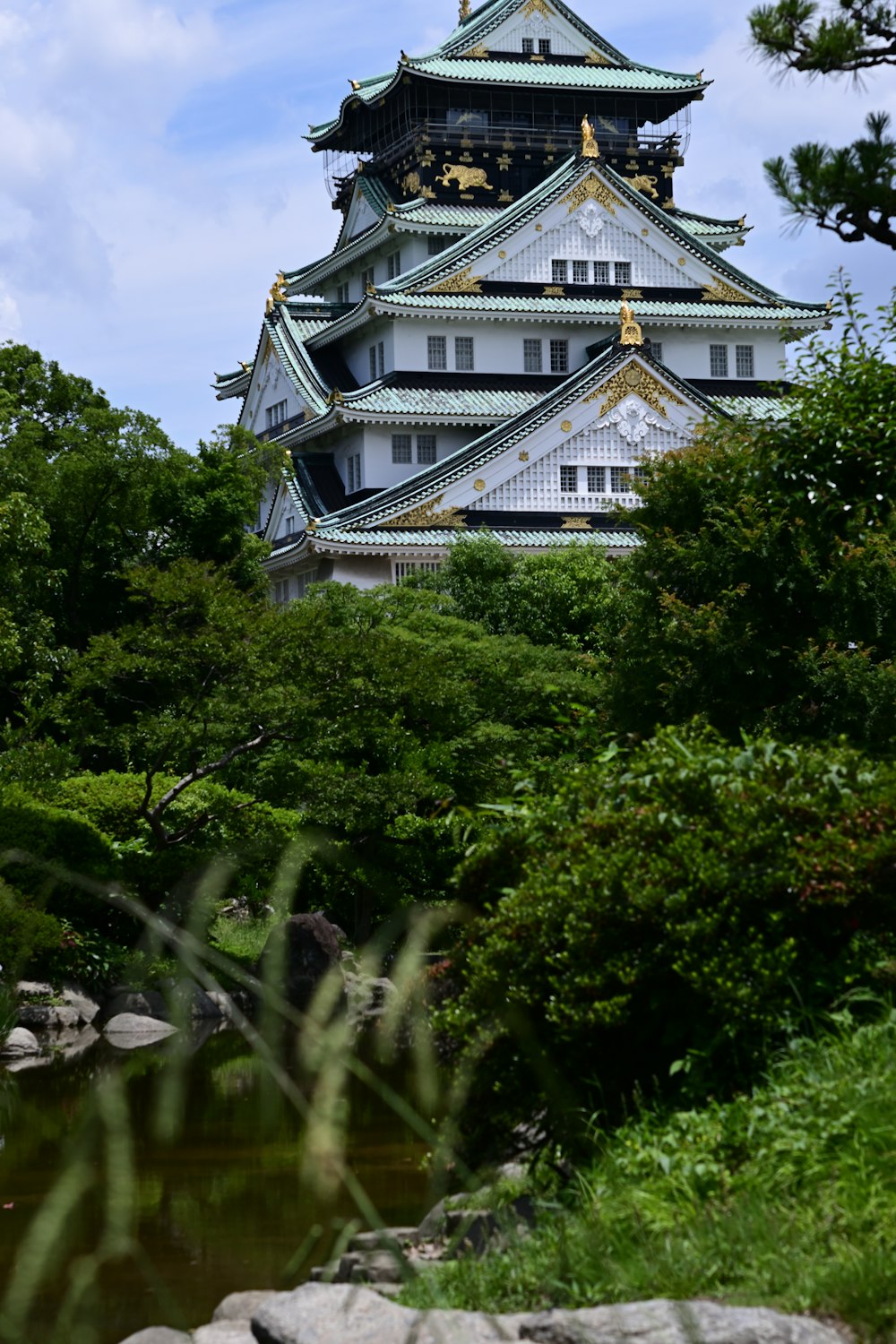 昼間は緑の木々のそばの白と黒のコンクリートの建物