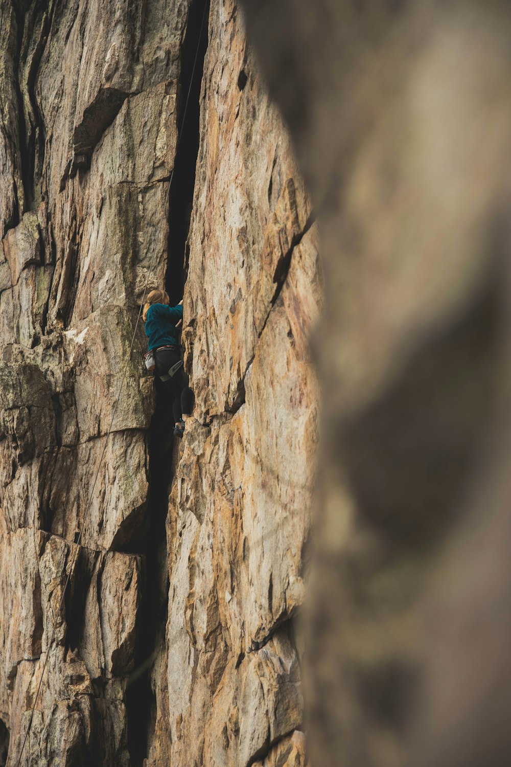 person climbing on brown rock