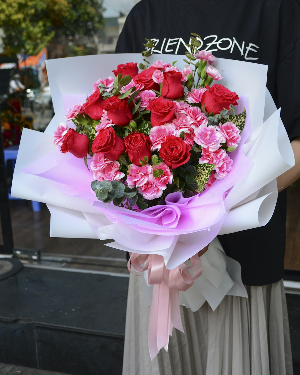 bouquet of red and pink roses