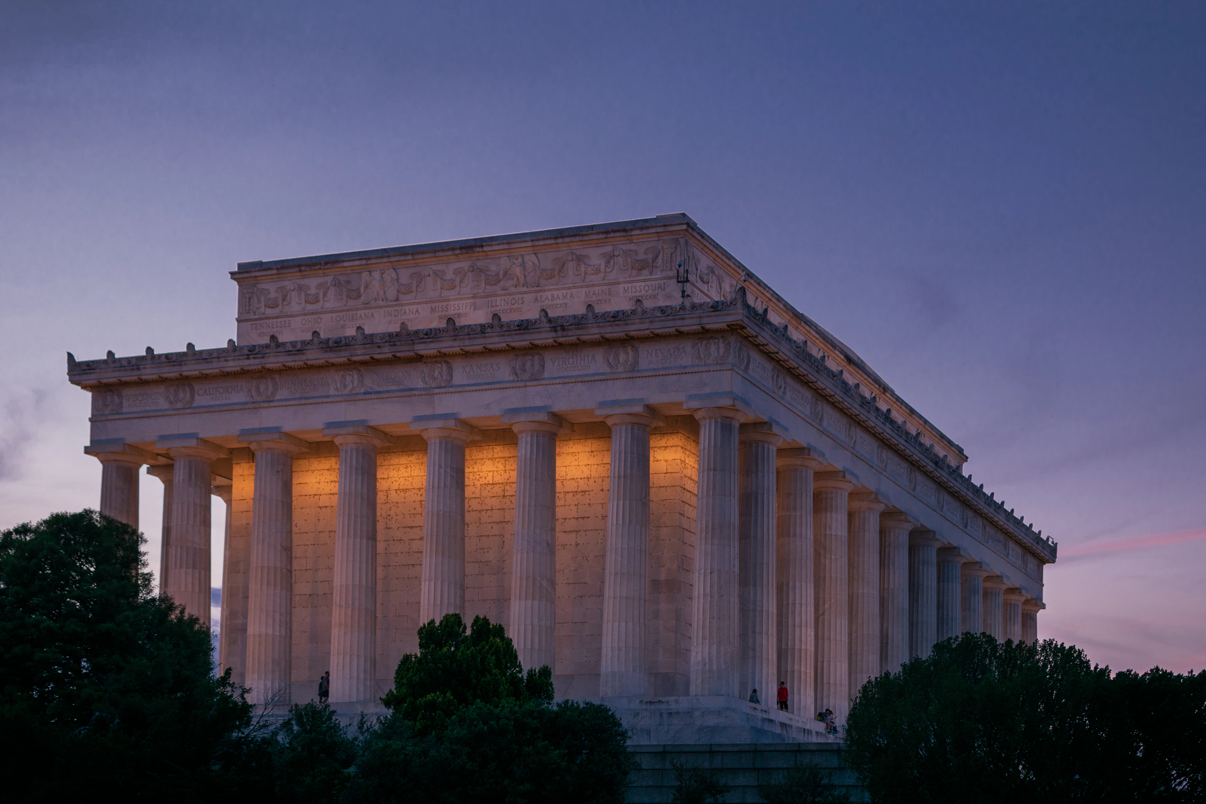 The Lincoln Memorial lit at dusk in Washington DC