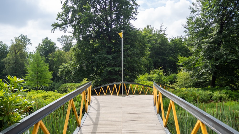 brown wooden bridge in between green trees during daytime