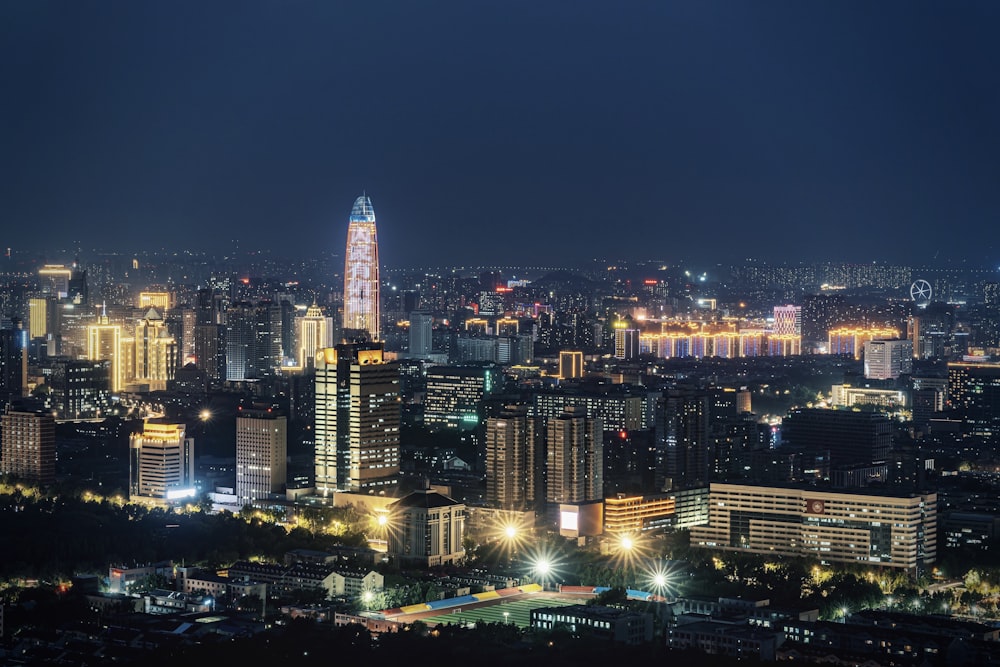 city skyline during night time