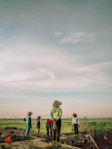 A group of farmers, wearing traditional hats, are standing in a green field under a vast, cloudy sky. They seem to be taking a break or observing the landscape. The morning or evening light casts a warm glow over the scene.