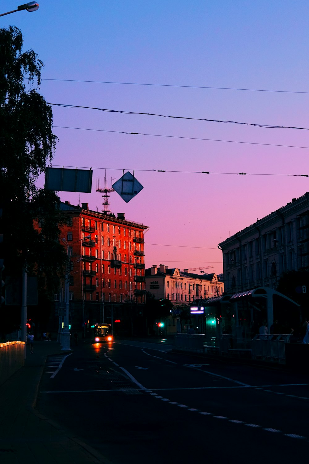 cars on road near buildings during night time