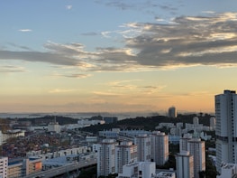 View of Bremerhaven cityscape with office buildings at sunset.