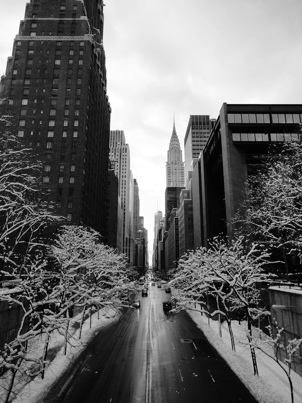 grayscale photo of city buildings